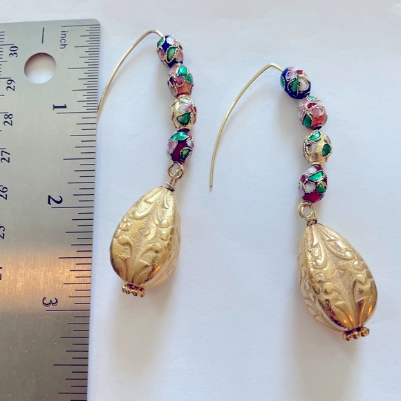 HAND CRAFTED Pierced Earrings Cloisonnés Gold Statement Drops Marquis Ear Wires - Picture 5 of 11